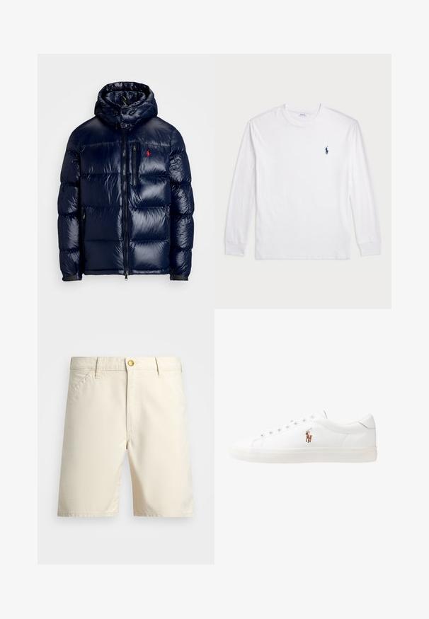 Granatowa kurtka puchowa o błyszczącym wykończeniu, z kapturem, zamkiem błyskawicznym z przodu oraz małym logo na lewej piersi. Teksturowany pikowany wzór.; Biały t-shirt z długim rękawem wykonany z bawełny. Posiada okrągły dekolt, ściągacze przy mankietach oraz małe granatowe logo polo na lewej piersi.; Beżowe szorty z lekkiego materiału, z zapięciem na guzik, szlufkami na pasek i bocznymi kieszeniami. Prosty design z czystymi liniami.; Białe skórzane sneakersy, niskoprofilowy design, charakteryzujące się gładką fakturą, okrągłym noskiem, sznurowanym przodem i małym haftowanym logo z boku.