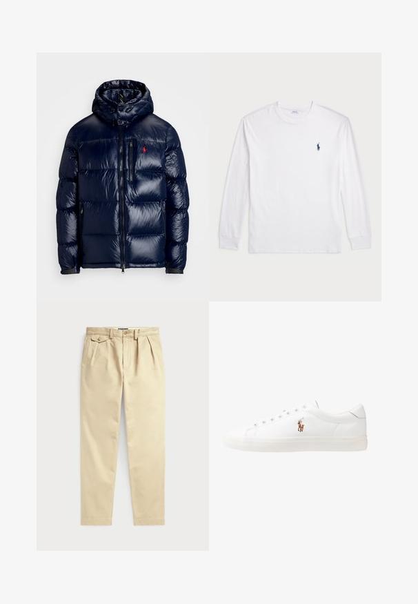 Granatowa kurtka puchowa o błyszczącym wykończeniu, z kapturem, zamkiem błyskawicznym z przodu oraz małym logo na lewej piersi. Teksturowany pikowany wzór.; Biały t-shirt z długim rękawem wykonany z bawełny. Posiada okrągły dekolt, ściągacze przy mankietach oraz małe granatowe logo polo na lewej piersi.; Beżowe bawełniane spodnie o luźnym kroju, z plisowanym przodem, dwoma bocznymi kieszeniami oraz zapięciem na guzik. Gładka tekstura materiału.; Białe skórzane sneakersy, niskoprofilowy design, charakteryzujące się gładką fakturą, okrągłym noskiem, sznurowanym przodem i małym haftowanym logo z boku.