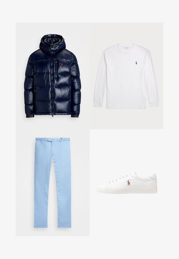 Tamsiai mėlynas pūkinis švarkas su blizgiu paviršiumi, turintis gobtuvą, užtrauktuką priekyje ir mažą logotipą ant kairės krūtinės. Raštuota siuvinėta konstrukcija.; Balta ilgomis rankovėmis marškinėliai iš medvilnės. Gali būti apvalios formos kaklas, raukšlės ant rankovių, ir nedidelis tamsiai mėlynas polo logotipas kairėje krūtinės pusėje.; Šviesiai mėlynos medvilninės kelnės su tiesių kojų dizainu, turinčios diržo kilpas, priekinės kišenės ir lygų paviršių.; Baltos odinės sportbačiai, žemo profilio, su lygia tekstūra, apvalia nosimi, raištelių sistema priekyje ir mažyte siuvinėta logo šone.