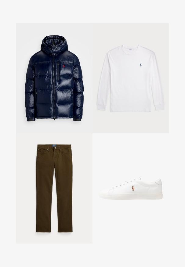 Casaco puffer azul-marinho com um acabamento brilhante, apresentando um capuz, fecho frontal com zíper e um pequeno logotipo no lado esquerdo do peito. Design acolchoado texturizado.; Camisola de manga longa branca feita de algodão. Apresenta um decote redondo, punhos canelados e um pequeno logótipo de polo azul-marinho no lado esquerdo do peito.; Jeans de algodão castanhos com corte de perna reta, com fecho de correr, dois bolsos frontais e etiqueta de marca na cintura.; Sapatilhas de couro brancas, design de cano baixo, com textura suave, biqueira redonda, atacadores à frente e um pequeno logótipo bordado na lateral.