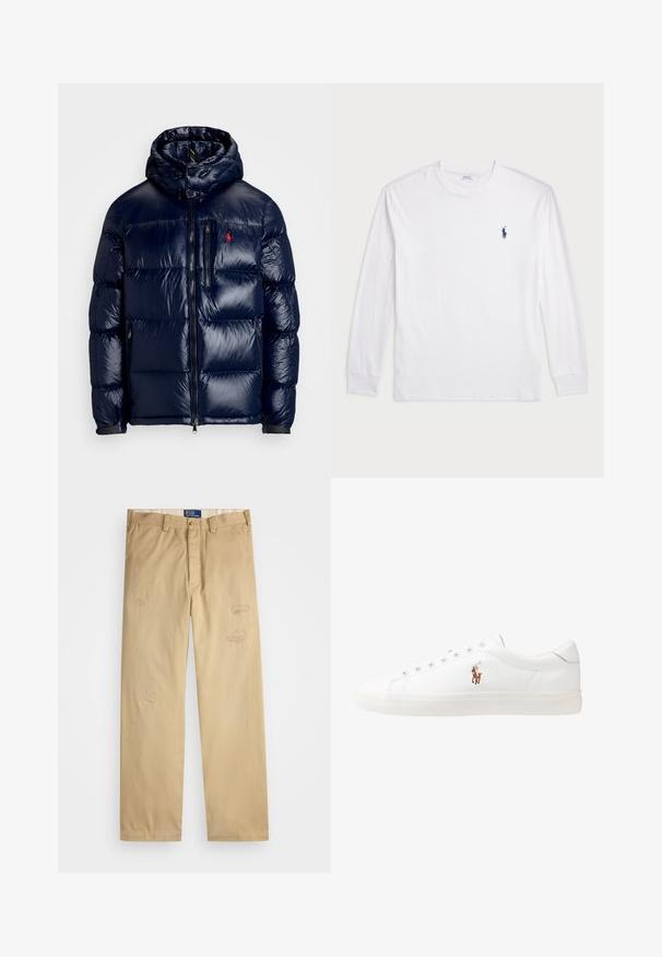 Ναυτικό μπλε φούτερ μπουφάν με γυαλιστερή επιφάνεια, διαθέτει κουκούλα, φερμουάρ μπροστά και μικρό λογότυπο στο αριστερό στήθος. Σατέν ραφή.; Λευκό μπλουζάκι μακρυμάνικο από βαμβάκι. Διαθέτει στρογγυλή λαιμόκοψη, ριμπ μανσέτες και μικρό λογότυπο στη ναυτική μπλε απόχρωση στην αριστερή πλευρά του στήθους.; Μπεζ βαμβακερές παντελόνες με ίσια γραμμή. Διαθέτουν τρύπες και κεντήματα στο μπροστινό μέρος. Κλασικό κλείσιμο με κουμπί και φερμουάρ.; Λευκά δερμάτινα sneakers, χαμηλού σχεδιασμού, με απαλή υφή, στρογγυλή μύτη, δέσιμο μπροστά και μικρό κεντημένο λογότυπο στο πλάι.