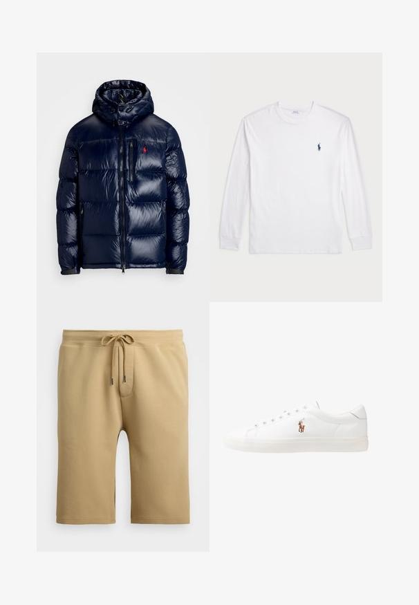 Tamsiai mėlynas pūkinis švarkas su blizgiu paviršiumi, turintis gobtuvą, užtrauktuką priekyje ir mažą logotipą ant kairės krūtinės. Raštuota siuvinėta konstrukcija.; Balta ilgomis rankovėmis marškinėliai iš medvilnės. Gali būti apvalios formos kaklas, raukšlės ant rankovių, ir nedidelis tamsiai mėlynas polo logotipas kairėje krūtinės pusėje.; Baltos medvilnės mišinio šortai su raišteliu juosmens srityje, siauras siuvimas, šoniniai kišenės ir siūlėmis apdorotas kraštas. Glotnaus paviršiaus, kasdienis dizainas.; Baltos odinės sportbačiai, žemo profilio, su lygia tekstūra, apvalia nosimi, raištelių sistema priekyje ir mažyte siuvinėta logo šone.