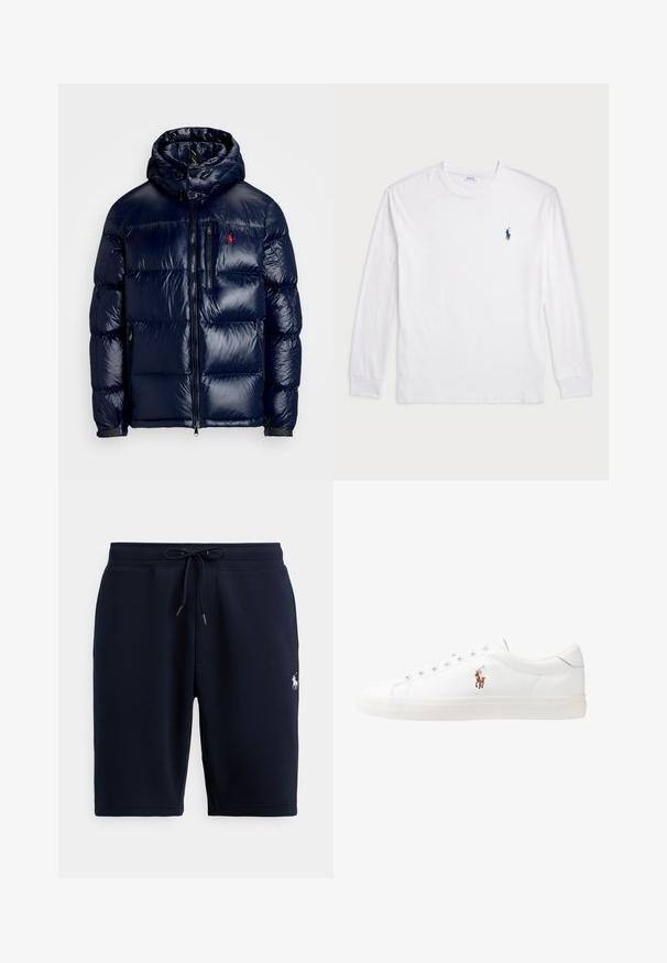 Navykék puffertakaró kabát fényes felülettel, kapucnival, cipzáros elülső résszel és egy kis logóval a bal mellen. Texturált steppelt mintázat.; Fehér, hosszú ujjú póló, pamutból készült. Kerek nyakkivágással, bordás mandzsettákkal és egy kis sötétkék polo logóval a bal mellen.; Sötétkék pamut atlétikai rövidnadrág rugalmas derékpánttal, húzózsinórral és bal oldalon logó díszítéssel. Simább textúrájú, térdig érő.; Fehér bőr sportcipők, alacsony fazonban, sima textúrával, kerek orral, fűzős előlappal és egy kis hímezett logóval az oldalon.