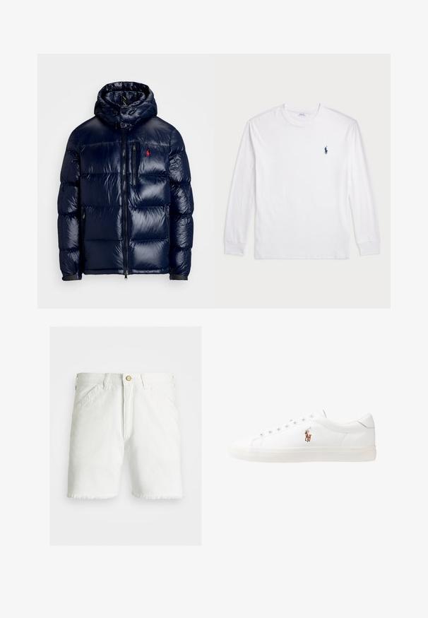 Navy blue puffer jacket with a shiny finish, featuring a hood, zippered front, and a small logo on the left chest. Textured quilted design.; White long-sleeve T-shirt made of cotton. Features a round neckline, ribbed cuffs, and a small navy blue polo logo on the left chest.; Polo Ralph Lauren 16.5 CM DUNGAREE FIT TWILL SHORT - Shorts - deckwash white; White leather sneakers, low-top design, featuring a smooth texture, round toe, laced front, and a small embroidered logo on the side.
