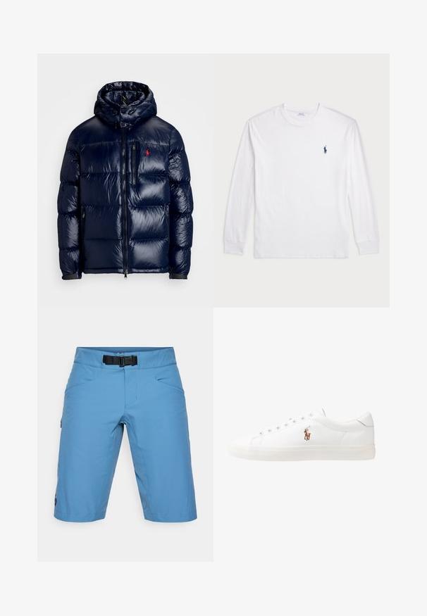 Casaco puffer azul-marinho com um acabamento brilhante, apresentando um capuz, fecho frontal com zíper e um pequeno logotipo no lado esquerdo do peito. Design acolchoado texturizado.; Camisola de manga longa branca feita de algodão. Apresenta um decote redondo, punhos canelados e um pequeno logótipo de polo azul-marinho no lado esquerdo do peito.; Calções azul-claro com um cinto, feitos de um tecido suave. Inclui dois bolsos frontais e um bolso lateral com fecho. ; Sapatilhas de couro brancas, design de cano baixo, com textura suave, biqueira redonda, atacadores à frente e um pequeno logótipo bordado na lateral.