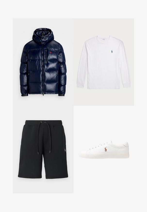 Navy blue puffer jacket with a shiny finish, featuring a hood, zippered front, and a small logo on the left chest. Textured quilted design.; White long-sleeve T-shirt made of cotton. Features a round neckline, ribbed cuffs, and a small navy blue polo logo on the left chest.; Black sweatshorts made of soft fabric, featuring a drawstring waistband with metal tips and a small logo on the leg. Smooth texture, designed for comfort.; White leather sneakers, low-top design, featuring a smooth texture, round toe, laced front, and a small embroidered logo on the side.