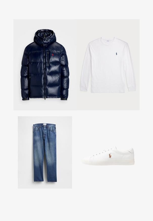 Temno modra puhovka s sijočo površino, opremljena s kapuco, z zadrgo spredaj in majhnim logotipom na levem prsnem delu. Ima strukturirano prešito zasnovo.; Bela dolga majica s dolgimi rokavi iz bombaža. Ima okroglo ovratnico, rebraste manšete in majhen temno moder polo logo na levem prsnem delu.; Modri jeans iz jeansa z ravnim krojem hlačnic, na sprednji strani z bledenjem, klasičnim petžepnim slogom in z metalnimi zakovicami na žepih.; Bela usnjena teniski čevlji, nizki model, z gladko teksturo, okrogle konice, vezavi spredaj ter majhnim vezenim logotipom na strani.