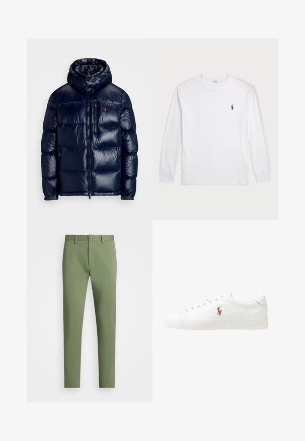 Granatowa kurtka puchowa o błyszczącym wykończeniu, z kapturem, zamkiem błyskawicznym z przodu oraz małym logo na lewej piersi. Teksturowany pikowany wzór.; Biały t-shirt z długim rękawem wykonany z bawełny. Posiada okrągły dekolt, ściągacze przy mankietach oraz małe granatowe logo polo na lewej piersi.; Olive zielone spodnie z mieszanki bawełny, o klasycznym kroju, z przednimi kieszeniami i zapięciem na jeden guzik w pasie.; Białe skórzane sneakersy, niskoprofilowy design, charakteryzujące się gładką fakturą, okrągłym noskiem, sznurowanym przodem i małym haftowanym logo z boku.