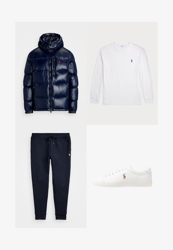 Tumši zils pūkainais jaka ar spīdīgu apdari, ar kapuci, ar rāvējslēdzēja priekšpusi un mazu logo kreisajā krūtī. Tekstūrēta izšūšanas dizains.; Baltas garām piedurknēm T-krekls, izgatavots no kokvilnas. Tam ir apaļa kakla izgriezne, ribotas piedurknes un neliels tumši zilas polo logo kreisajā krūtī.; Tumši zili sporta bikses ar saņemamu jostasvietu, elastīgām piedurknēm un mazu baltu logotipu augšējā kreisajā kājā. Mīksta auduma tekstūra.; Baltas ādas sporta apavi, zema dizaina, ar gludu tekstūru, noapaļotu purngalu, ar auklēm priekšpusē un nelielu izšūtu logotipu sānos.