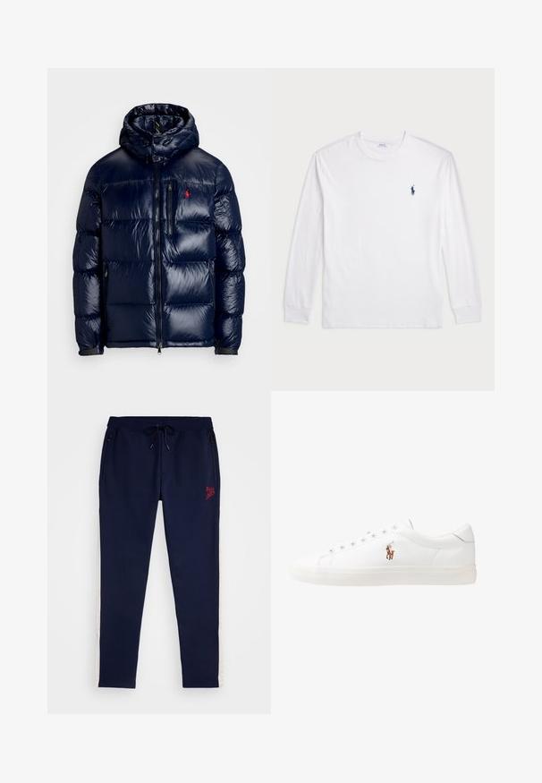 Casaco puffer azul-marinho com um acabamento brilhante, apresentando um capuz, fecho frontal com zíper e um pequeno logotipo no lado esquerdo do peito. Design acolchoado texturizado.; Camisola de manga longa branca feita de algodão. Apresenta um decote redondo, punhos canelados e um pequeno logótipo de polo azul-marinho no lado esquerdo do peito.; Calças de treino azul-marinho com cintura elástica, cordão para ajuste, bolsos com fecho e riscas brancas laterais. Apresenta um logótipo bordado em vermelho na frente.; Sapatilhas de couro brancas, design de cano baixo, com textura suave, biqueira redonda, atacadores à frente e um pequeno logótipo bordado na lateral.