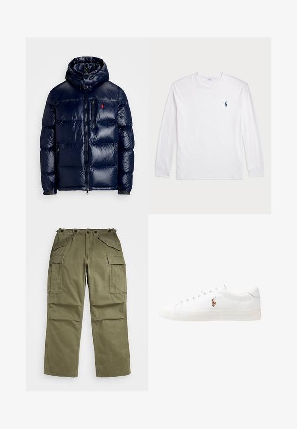 Casaco puffer azul-marinho com um acabamento brilhante, apresentando um capuz, fecho frontal com zíper e um pequeno logotipo no lado esquerdo do peito. Design acolchoado texturizado.; Camisola de manga longa branca feita de algodão. Apresenta um decote redondo, punhos canelados e um pequeno logótipo de polo azul-marinho no lado esquerdo do peito.; Calças cargo verde-oliva feitas de tecido texturizado, com múltiplos bolsos frontais e laterais e costuras reforçadas nas costuras.; Sapatilhas de couro brancas, design de cano baixo, com textura suave, biqueira redonda, atacadores à frente e um pequeno logótipo bordado na lateral.