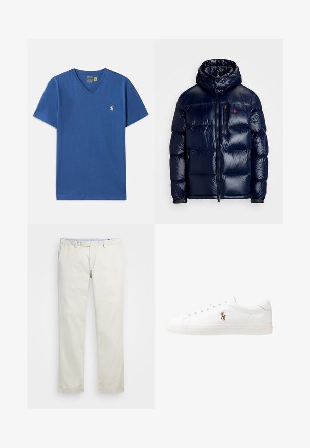 Casaco puffer azul-marinho com um acabamento brilhante, apresentando um capuz, fecho frontal com zíper e um pequeno logotipo no lado esquerdo do peito. Design acolchoado texturizado.; T-shirt azul de algodão de manga curta com decote em V, apresentando um pequeno logótipo branco bordado no lado esquerdo do peito. Textura suave, design casual.; Chinos de algodão bege com frente plana, passantes para cinto e bolsos laterais. Design de perna reta com uma textura suave e uma sensação leve e respirável.; Sapatilhas de couro brancas, design de cano baixo, com textura suave, biqueira redonda, atacadores à frente e um pequeno logótipo bordado na lateral.