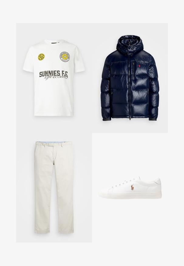 Tummansininen puhvitakki, jossa on kiiltävä pinta, hupullinen malli, vetoketjullinen etuosa ja pieni logo vasemmassa rinnassa. Teksturoitu quiltattu muotoilu.; Valkoinen puuvillainen T-paita, jossa on lyhyet hihat. Siinä on kaksi pyöreää merkkiä, yksi keltainen ja yksi musta, sekä mustat tekstit "SUNNIES FC" ja "Lyle & Scott".; Beige puuvillachinohousut litteällä edessä, vyölenkeillä ja sivutaskuilla. Suora lahjamuoto, jossa on sileä pinta ja kevyt, hengittävä tunne.; Valkoiset nahkakengät, matala malli, jossa on sileä pinta, pyöreä kärki, nauhakiinnitys edessä ja pieni brodeerattu logo sivulla.