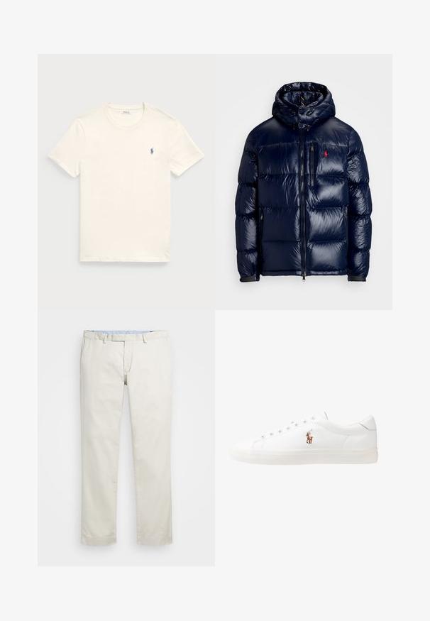 Casaco puffer azul-marinho com um acabamento brilhante, apresentando um capuz, fecho frontal com zíper e um pequeno logotipo no lado esquerdo do peito. Design acolchoado texturizado.; T-shirt de algodão creme com decote redondo e mangas curtas. Apresenta um pequeno logótipo azul bordado no lado esquerdo do peito.; Chinos de algodão bege com frente plana, passantes para cinto e bolsos laterais. Design de perna reta com uma textura suave e uma sensação leve e respirável.; Sapatilhas de couro brancas, design de cano baixo, com textura suave, biqueira redonda, atacadores à frente e um pequeno logótipo bordado na lateral.
