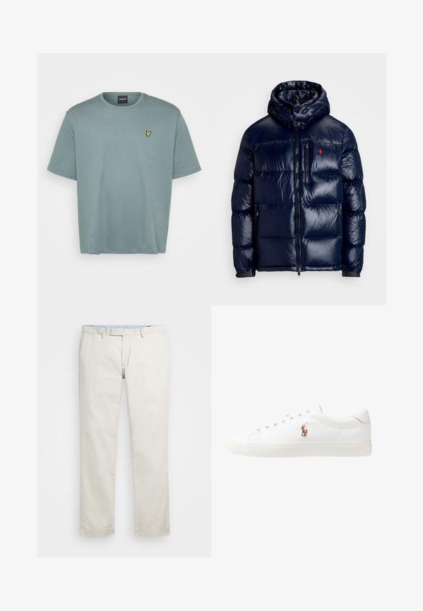 Marineblaue Steppjacke mit glänzender Oberfläche, ausgestattet mit Kapuze, Reißverschluss vorne und kleinem Logo auf der linken Brust. Strukturierter Steppdesign.; Hellgrünes T-Shirt mit kurzen Ärmeln aus Baumwolle. Verfügt über einen runden Ausschnitt und ein kleines gelbes gesticktes Logo auf der linken Brust.; Beige Baumwollchinos mit flachem Bund, Gürtelschlaufen und Seitentaschen. Gerades Bein-Design mit glatter Textur und leichtem, atmungsaktivem Tragegefühl.; Weiße Leder-Sneaker, niedrig geschnitten, mit glatter Textur, runder Zehenpartie, Schnür vorne und kleinem gesticktem Logo an der Seite.
