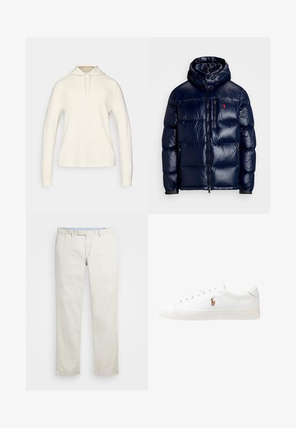 Jachetă puffer de culoare albastru închis, cu un finisaj lucios, având o glugă, fermoar frontal și un logo mic pe partea stângă a pieptului. Design texturat matlasat.; Hanorac alb cu glugă, cu mâneci lungi, manșete ribinate, o buzunar kangaroo și șnururi la gât, realizat dintr-un material moale, texturat.; Chino din bumbac bej cu față plată, bucle pentru curea și buzunare laterale. Design cu picioare drepte, textură netedă și o senzație ușoară și respirabilă.; Adidași din piele albă, design de tip low-top, cu o textură netedă, vârf rotund, față șiretată și un mic logo brodat pe lateral.