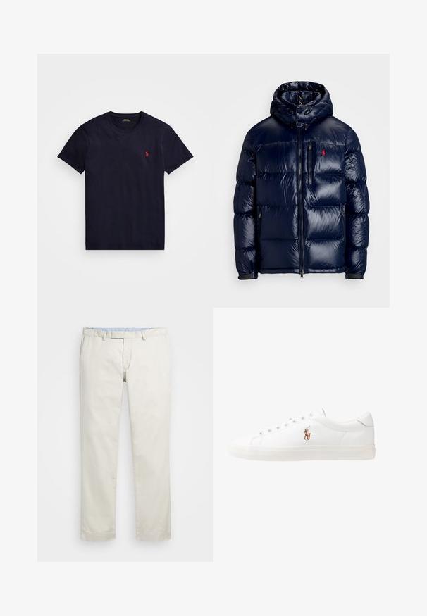 Námorně modrá péřová bunda s lesklým povrchem, s kapucí, zipovým zapínáním a malým logem na levé hrudi. Texturovaný prošívaný design.; Námořnická modrá bavlněná tričko s kulatým výstřihem, krátkými rukávy a malým červeným vyšitým logem na levé hrudi. Měkká textilie, klasický střih.; Béžové bavlněné chinos kalhoty s plochým předním dílem, poutky na opasek a bočními kapsami. Rovný střih s hladkou texturou a lehkým, prodyšným pocitem.; Bílé kožené tenisky, nízký střih, s hladkým povrchem, kulatou špičkou, šněrováním v přední části a malým vyšitým logem na boku.