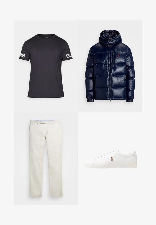 Tamsiai mėlynas pūkinis švarkas su blizgiu paviršiumi, turintis gobtuvą, užtrauktuką priekyje ir mažą logotipą ant kairės krūtinės. Raštuota siuvinėta konstrukcija.; Juodas trumpas rankovės marškinėlis, pagamintas iš švelnios medžiagos. Kairėje rankovėje yra baltas "BORG" užrašas. Klasikinis apvalus iškirpimas ir įprasta siluetas.; Šviesiai rudi medvilniniai chinos tipo kelnės su plokščiu priekiniu dizainu, diržo kilpomis ir šoninėmis kišenėmis. Tiesaus kirpimo dizainas su lygiu paviršiumi ir lengvu, kvėpuojančiu jausmu.; Baltos odinės sportbačiai, žemo profilio, su lygia tekstūra, apvalia nosimi, raištelių sistema priekyje ir mažyte siuvinėta logo šone.