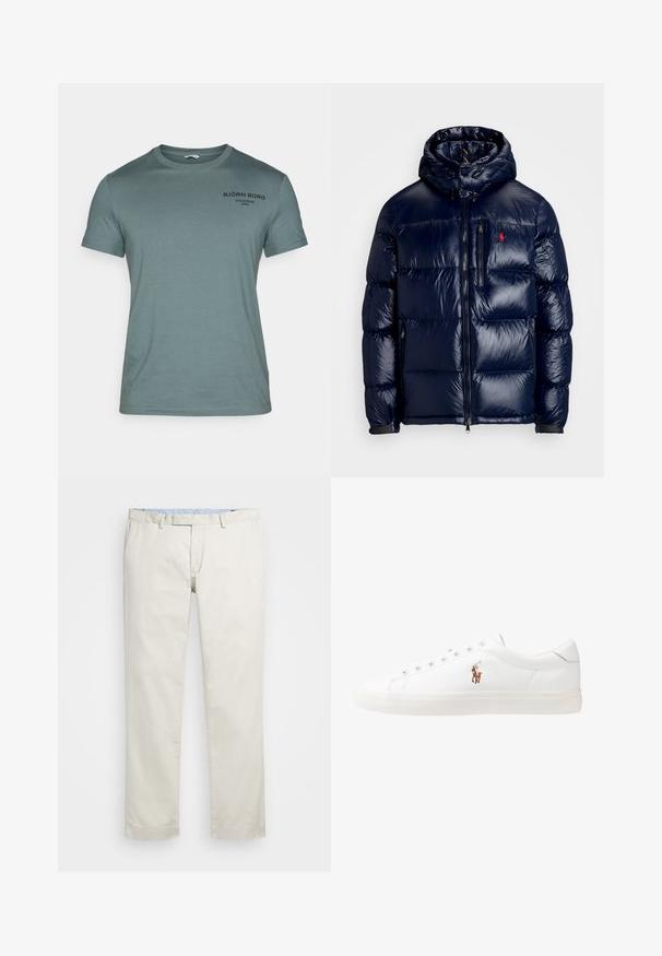 Tumesinine pahtli jakk, millel on läikiv viimistlus, kapuuts, lukuga esikülg ja väike logo vasakul rinnal. Tekstuuriga ääristatud õmblusdisain.; Heleda roheline puuvillane T-särk ümarate kraega, lühikeste varrukatega ja musta trükitud tekstiga rinnal. Lihtne disain, sile tekstuur.; Beeži puuvillased chinosid, millel on lame eesosa, vöökohataod ja küljetaskud. Sirge jalgade disain sujuva tekstuuriga ja kerge, hingava tunnetusega.; Valged nahast tossud, madala ülaservaga disain, millel on sile tekstuur, ümar varvas, nööridega esiosa ja väike tikand logoga küljel.