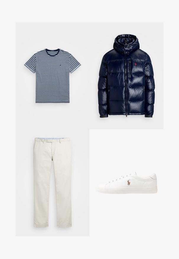 Ναυτικό μπλε φούτερ μπουφάν με γυαλιστερή επιφάνεια, διαθέτει κουκούλα, φερμουάρ μπροστά και μικρό λογότυπο στο αριστερό στήθος. Σατέν ραφή.; Ριγέ μπλουζάκι σε μπλε και λευκό, από βαμβάκι, με στρογγυλή λαιμόκοψη, κοντά μανίκια, με μικρό λογότυπο σε ναυτικό χρώμα στο αριστερό στήθος.; Μπεζ βαμβακερές chinos με επίπεδο μπροστινό μέρος, θηλιές ζώνης και πλάγιες τσέπες. Σχεδίαση ίσιων ποδιών με μαλακή υφή και ελαφριά, αναπνεύσιμη αίσθηση.; Λευκά δερμάτινα sneakers, χαμηλού σχεδιασμού, με απαλή υφή, στρογγυλή μύτη, δέσιμο μπροστά και μικρό κεντημένο λογότυπο στο πλάι.