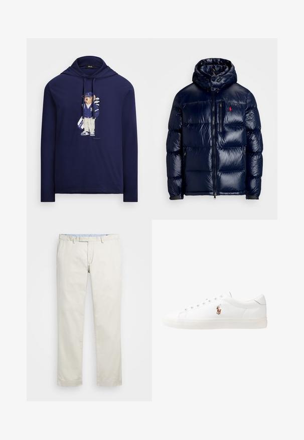 Tamsiai mėlynas pūkinis švarkas su blizgiu paviršiumi, turintis gobtuvą, užtrauktuką priekyje ir mažą logotipą ant kairės krūtinės. Raštuota siuvinėta konstrukcija.; Tamsiai mėlyna ilgarankovė džemperis su gaubtu, vaizduojantis mešką sportiniu kostiumu, su kepure, striuke ir golfo lazdomis. Pagaminta iš minkštos medžiagos, su klasikiniu siluetu.; Šviesiai rudi medvilniniai chinos tipo kelnės su plokščiu priekiniu dizainu, diržo kilpomis ir šoninėmis kišenėmis. Tiesaus kirpimo dizainas su lygiu paviršiumi ir lengvu, kvėpuojančiu jausmu.; Baltos odinės sportbačiai, žemo profilio, su lygia tekstūra, apvalia nosimi, raištelių sistema priekyje ir mažyte siuvinėta logo šone.