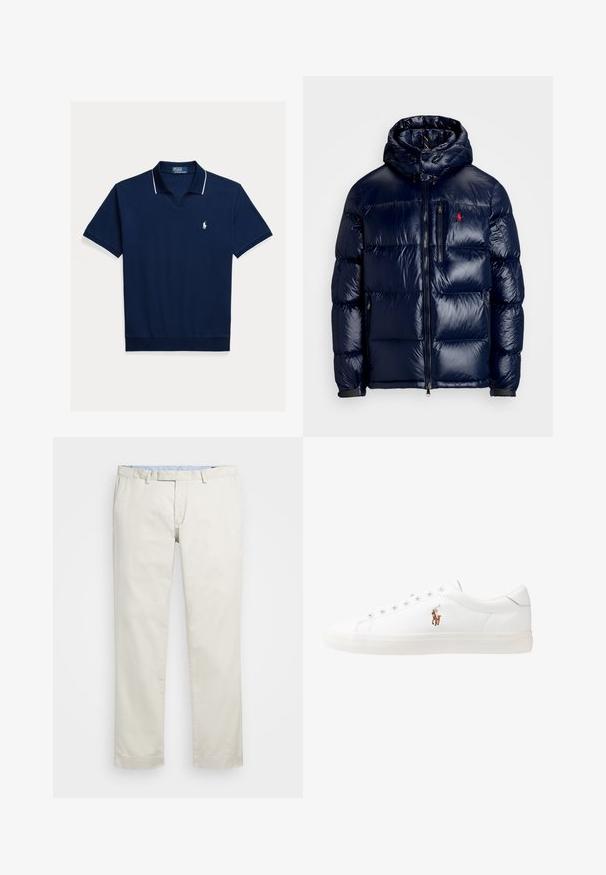 Ναυτικό μπλε φούτερ μπουφάν με γυαλιστερή επιφάνεια, διαθέτει κουκούλα, φερμουάρ μπροστά και μικρό λογότυπο στο αριστερό στήθος. Σατέν ραφή.; Μπλε ναυτικό πόλο πουκάμισο από βαμβάκι, με V λαιμόκοψη, κοντά μανίκια, λευκή επένδυση στο γιακά και στα μανίκια, με μικρό λογότυπο στο στήθος.; Μπεζ βαμβακερές chinos με επίπεδο μπροστινό μέρος, θηλιές ζώνης και πλάγιες τσέπες. Σχεδίαση ίσιων ποδιών με μαλακή υφή και ελαφριά, αναπνεύσιμη αίσθηση.; Λευκά δερμάτινα sneakers, χαμηλού σχεδιασμού, με απαλή υφή, στρογγυλή μύτη, δέσιμο μπροστά και μικρό κεντημένο λογότυπο στο πλάι.