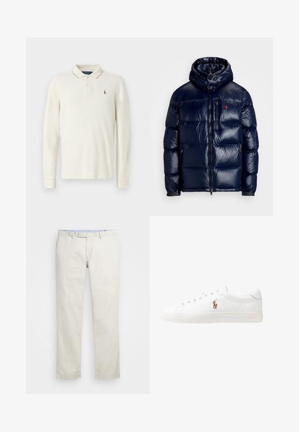 Námornícka modrá prešívaná bunda s lesklým povrchom, s kapucňou, zipsom vpredu a malým logom na ľavej hrudi. Textúrovaný prešívaný dizajn.; Dlhý rukáv polo tričko v krémovej bavlne, s rebrovaným golierom, trojbuttonovou légiou a malým vyšívaným logom na hrudi.; Béžové bavlnené chinos nohavice s plochým predným dielom, pútka na opasok a bočnými vreckami. Rovný strih s hladkou textúrou a ľahkým, priedušným pocitom.; Biele kožené tenisky s nízkym strihom, s hladkou textúrou, okrúlym špičkou, šnurovaním vpredu a malým vyšitým logom na boku.