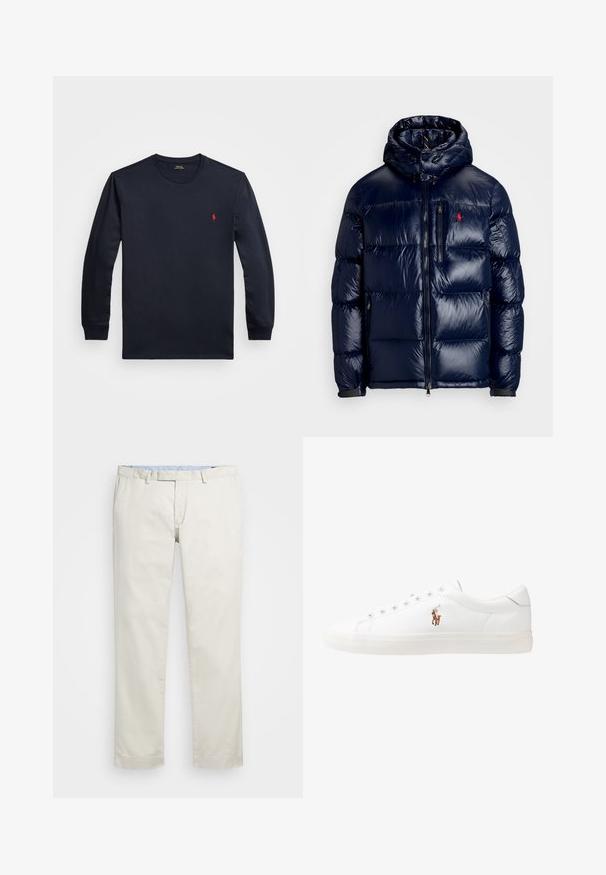 Navy blue puffer jacket with a shiny finish, featuring a hood, zippered front, and a small logo on the left chest. Textured quilted design.; Navy long-sleeve t-shirt made of cotton, featuring a round neck and a small red logo on the chest. Silky smooth texture, relaxed fit.; Beige cotton chinos with a flat front, belt loops, and side pockets. Straight-leg design with a smooth texture and a light, breathable feel.; White leather sneakers, low-top design, featuring a smooth texture, round toe, laced front, and a small embroidered logo on the side.