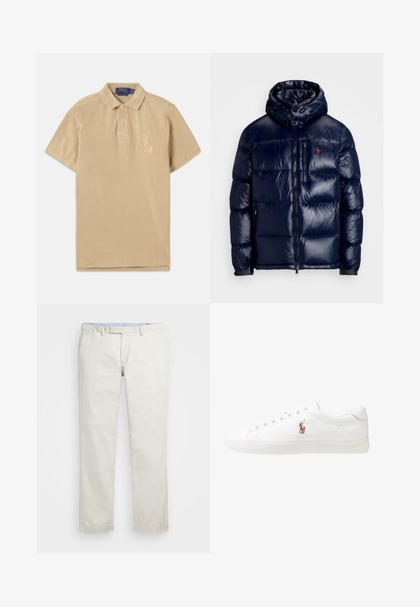 Veste matelassée bleu marine avec une finition brillante, dotée d'une capuche, d'une fermeture éclair à l'avant et d'un petit logo sur la poitrine gauche. Design matelassé texturé.; Polo beige avec un col classique, deux boutons et un logo brodé sur la poitrine gauche, fabriqué en coton doux.; Chino en coton beige avec une taille plate, des passants de ceinture et des poches latérales. Coupe droite avec une texture lisse et une sensation légère et respirante.; Baskets en cuir blanc, design bas, avec une texture lisse, bout rond, lacets à l'avant et un petit logo brodé sur le côté.