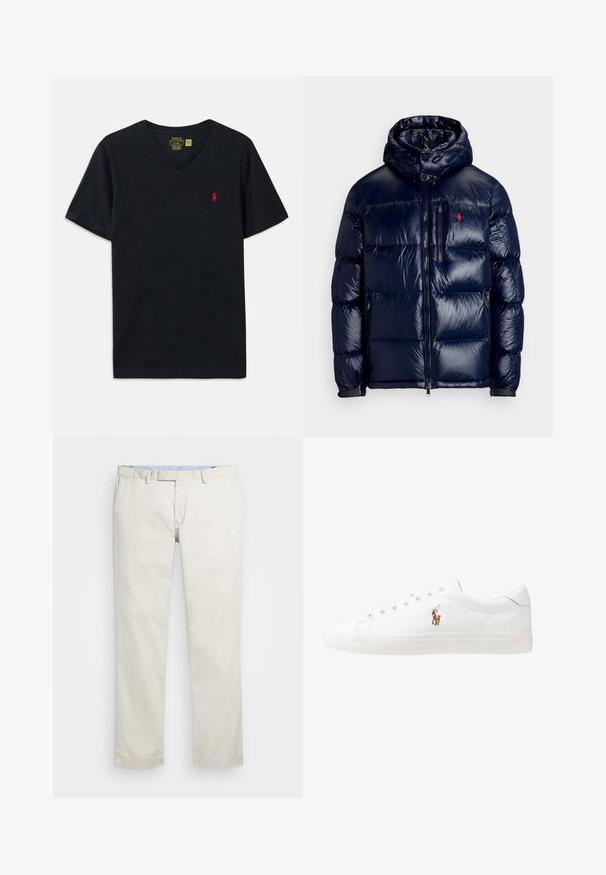 Navykék puffertakaró kabát fényes felülettel, kapucnival, cipzáros elülső résszel és egy kis logóval a bal mellen. Texturált steppelt mintázat.; Fekete pamut V nyakú póló, rövid ujjakkal, bal mellen egy apró piros hímzett logóval. Puha tapintás, kényelmes szabás.; Beige pamut chinin, lapos elülső résszel, övhurkokkal és oldalsó zsebekkel. Egyenes lábú kialakítás, sima textúrával és könnyű, lélegző érzettel.; Fehér bőr sportcipők, alacsony fazonban, sima textúrával, kerek orral, fűzős előlappal és egy kis hímezett logóval az oldalon.