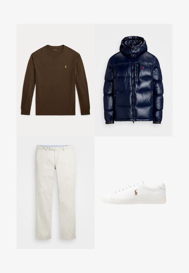 Granatowa kurtka puchowa o błyszczącym wykończeniu, z kapturem, zamkiem błyskawicznym z przodu oraz małym logo na lewej piersi. Teksturowany pikowany wzór.; Brązowa bawełniana koszulka z długim rękawem. Posiada okrągły dekolt i małe złote logo na lewej piersi. Gładka faktura.; Beżowe bawełniane chinosy z płaskim przodem, szlufkami na pasek i bocznymi kieszeniami. Prosty krój z gładką fakturą i lekkim, przewiewnym uczuciem.; Białe skórzane sneakersy, niskoprofilowy design, charakteryzujące się gładką fakturą, okrągłym noskiem, sznurowanym przodem i małym haftowanym logo z boku.