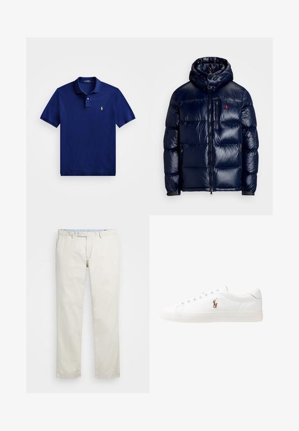 Ναυτικό μπλε φούτερ μπουφάν με γυαλιστερή επιφάνεια, διαθέτει κουκούλα, φερμουάρ μπροστά και μικρό λογότυπο στο αριστερό στήθος. Σατέν ραφή.; Σκούρο μπλε πόλο μπλουζάκι από μαλακό βαμβάκι, με τριπλό κουμπί, κοντά μανίκια και κίτρινο λογότυπο στο αριστερό στήθος.; Μπεζ βαμβακερές chinos με επίπεδο μπροστινό μέρος, θηλιές ζώνης και πλάγιες τσέπες. Σχεδίαση ίσιων ποδιών με μαλακή υφή και ελαφριά, αναπνεύσιμη αίσθηση.; Λευκά δερμάτινα sneakers, χαμηλού σχεδιασμού, με απαλή υφή, στρογγυλή μύτη, δέσιμο μπροστά και μικρό κεντημένο λογότυπο στο πλάι.