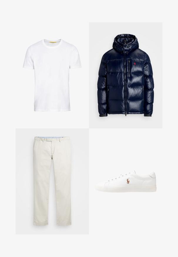 Granatowa kurtka puchowa o błyszczącym wykończeniu, z kapturem, zamkiem błyskawicznym z przodu oraz małym logo na lewej piersi. Teksturowany pikowany wzór.; Biała koszulka z krótkim rękawem wykonana z bawełny, z okrągłym dekoltem, prostym krojem i małym logo na przodzie.; Beżowe bawełniane chinosy z płaskim przodem, szlufkami na pasek i bocznymi kieszeniami. Prosty krój z gładką fakturą i lekkim, przewiewnym uczuciem.; Białe skórzane sneakersy, niskoprofilowy design, charakteryzujące się gładką fakturą, okrągłym noskiem, sznurowanym przodem i małym haftowanym logo z boku.