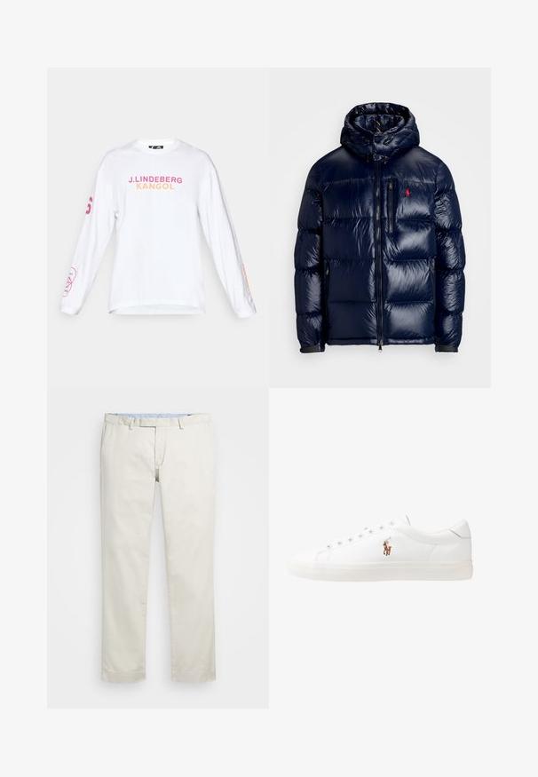 Marineblaue Steppjacke mit glänzender Oberfläche, ausgestattet mit Kapuze, Reißverschluss vorne und kleinem Logo auf der linken Brust. Strukturierter Steppdesign.; Weißes Langarmshirt mit dem Text "J. LINDEBERG KANGOL" in Pink und Orange. Der linke Ärmel hat ein pinkfarbenes Grafikdetail. Aus Baumwollmaterial.; Beige Baumwollchinos mit flachem Bund, Gürtelschlaufen und Seitentaschen. Gerades Bein-Design mit glatter Textur und leichtem, atmungsaktivem Tragegefühl.; Weiße Leder-Sneaker, niedrig geschnitten, mit glatter Textur, runder Zehenpartie, Schnür vorne und kleinem gesticktem Logo an der Seite.