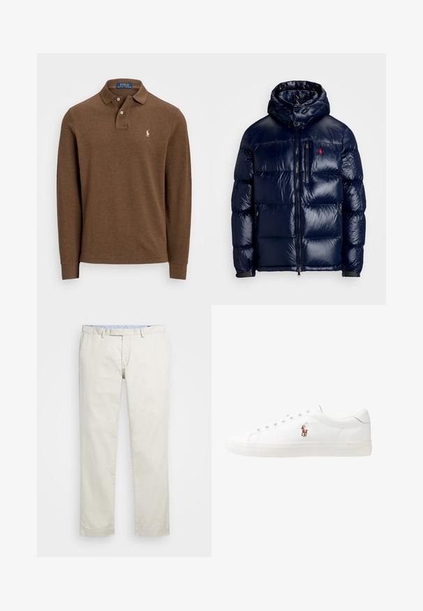 Tumši zils pūkainais jaka ar spīdīgu apdari, ar kapuci, ar rāvējslēdzēja priekšpusi un mazu logo kreisajā krūtī. Tekstūrēta izšūšanas dizains.; Brūns garām piedurknēm polo krekls mīkstā audumā ar norādīto apkakli, divu pogu aizdari un izšūtu logo kreisajā krūtī.; Bežīgas kokvilnas chinos bikses ar gludu priekšpusi, jostas cilpām un sānu kabatām. Taisnas kājas dizains ar gludu tekstūru un vieglu, elpojošu sajūtu.; Baltas ādas sporta apavi, zema dizaina, ar gludu tekstūru, noapaļotu purngalu, ar auklēm priekšpusē un nelielu izšūtu logotipu sānos.