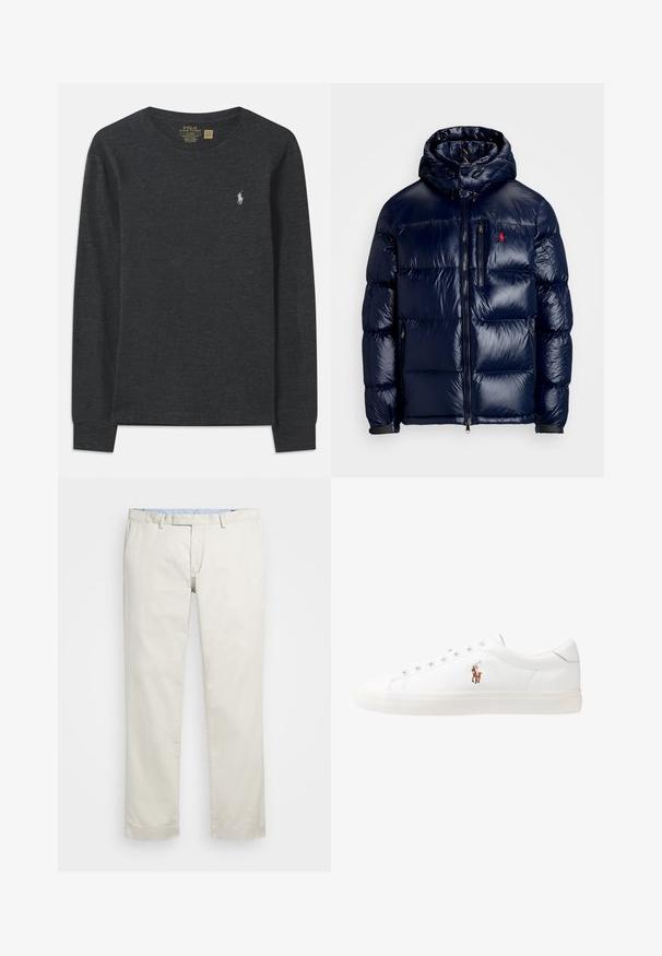 Casaco puffer azul-marinho com um acabamento brilhante, apresentando um capuz, fecho frontal com zíper e um pequeno logotipo no lado esquerdo do peito. Design acolchoado texturizado.; Camisa de manga longa cinza-escura feita de algodão. Apresenta um decote redondo e um pequeno logótipo bordado no lado esquerdo do peito. Textura suave.; Chinos de algodão bege com frente plana, passantes para cinto e bolsos laterais. Design de perna reta com uma textura suave e uma sensação leve e respirável.; Sapatilhas de couro brancas, design de cano baixo, com textura suave, biqueira redonda, atacadores à frente e um pequeno logótipo bordado na lateral.