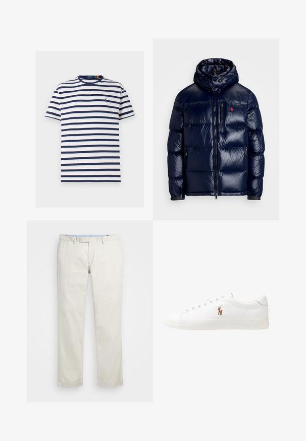 Veste matelassée bleu marine avec une finition brillante, dotée d'une capuche, d'une fermeture éclair à l'avant et d'un petit logo sur la poitrine gauche. Design matelassé texturé.; T-shirt en coton avec des rayures horizontales bleu marine et blanches, col rond, manches courtes et un petit logo de polo sur la poitrine.; Chino en coton beige avec une taille plate, des passants de ceinture et des poches latérales. Coupe droite avec une texture lisse et une sensation légère et respirante.; Baskets en cuir blanc, design bas, avec une texture lisse, bout rond, lacets à l'avant et un petit logo brodé sur le côté.