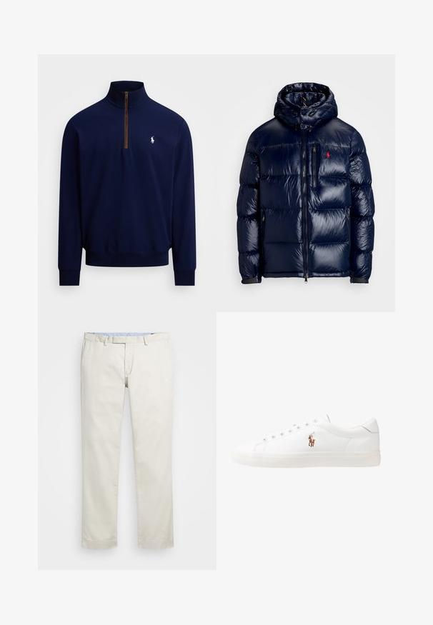 Chaqueta acolchada azul marino con un acabado brillante, que presenta una capucha, cierre frontal con cremallera y un pequeño logo en el lado izquierdo del pecho. Diseño acolchado texturizado.; Suéter de manga larga azul marino con media cremallera y logotipo bordado en blanco de un caballo y jinete en el lado izquierdo del pecho.; Chinos de algodón color beige con frente plano, presillas para cinturón y bolsillos laterales. Diseño de pierna recta con una textura suave y una sensación ligera y transpirable.; Zapatillas de cuero blancas, diseño de corte bajo, con una textura suave, puntera redonda, cordones en la parte delantera y un pequeño logo bordado en el lateral.