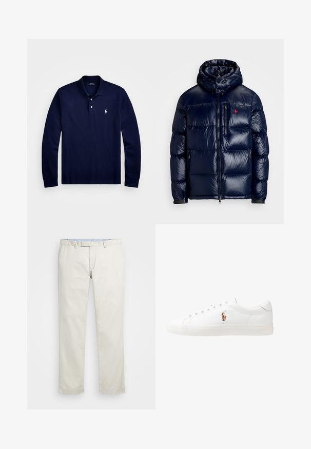 Casaco puffer azul-marinho com um acabamento brilhante, apresentando um capuz, fecho frontal com zíper e um pequeno logotipo no lado esquerdo do peito. Design acolchoado texturizado.; Camisa polo de manga longa em navy feita de algodão. Apresenta um colarinho clássico, placket com dois botões, e um pequeno logótipo bordado no peito.; Chinos de algodão bege com frente plana, passantes para cinto e bolsos laterais. Design de perna reta com uma textura suave e uma sensação leve e respirável.; Sapatilhas de couro brancas, design de cano baixo, com textura suave, biqueira redonda, atacadores à frente e um pequeno logótipo bordado na lateral.