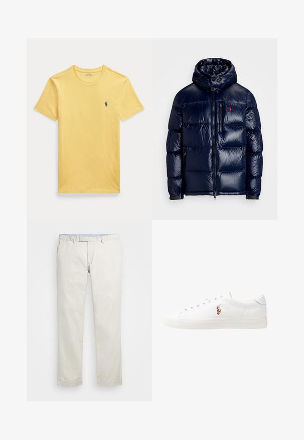 Tamno plava jakna s punjenjem i sjajnom završnom obradom, s kapuljačom, zatvaranjem na patentni zatvarač sprijeda i malim logotipom na lijevoj strani prsnog koša. Strukturno kviltani dizajn.; Žuta majica od pamuka s okruglim izrezom i kratkim rukavima. Ima mali plavi vezeni logotip na lijevoj strani prsnog dijela.; Bež pamukove chinos hlače s ravnim prednjim dijelom, petljama za remen i bočnim džepovima. Dizajn ravnih nogavica s glatkom teksturom i laganim, prozračnim osjećajem.; Bijele kožne tenisice, niskog kroja, s glatkom teksturom, okruglim vrhom, vezanjem sprijeda i malim izvezenim logom sa strane.