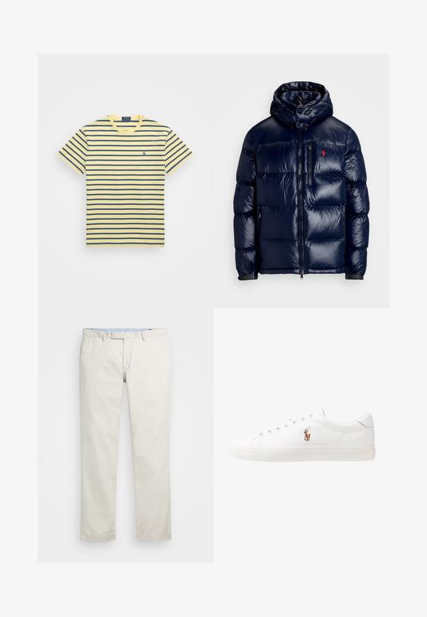 Tamsiai mėlynas pūkinis švarkas su blizgiu paviršiumi, turintis gobtuvą, užtrauktuką priekyje ir mažą logotipą ant kairės krūtinės. Raštuota siuvinėta konstrukcija.; Geltonas juostuotas marškinėliai su horizontaliomis tamsiai mėlynomis juostomis, klasikinio apvalaus kaklo, trumpomis rankovėmis ir mažuoju siuviniu ant krūtinės.; Šviesiai rudi medvilniniai chinos tipo kelnės su plokščiu priekiniu dizainu, diržo kilpomis ir šoninėmis kišenėmis. Tiesaus kirpimo dizainas su lygiu paviršiumi ir lengvu, kvėpuojančiu jausmu.; Baltos odinės sportbačiai, žemo profilio, su lygia tekstūra, apvalia nosimi, raištelių sistema priekyje ir mažyte siuvinėta logo šone.