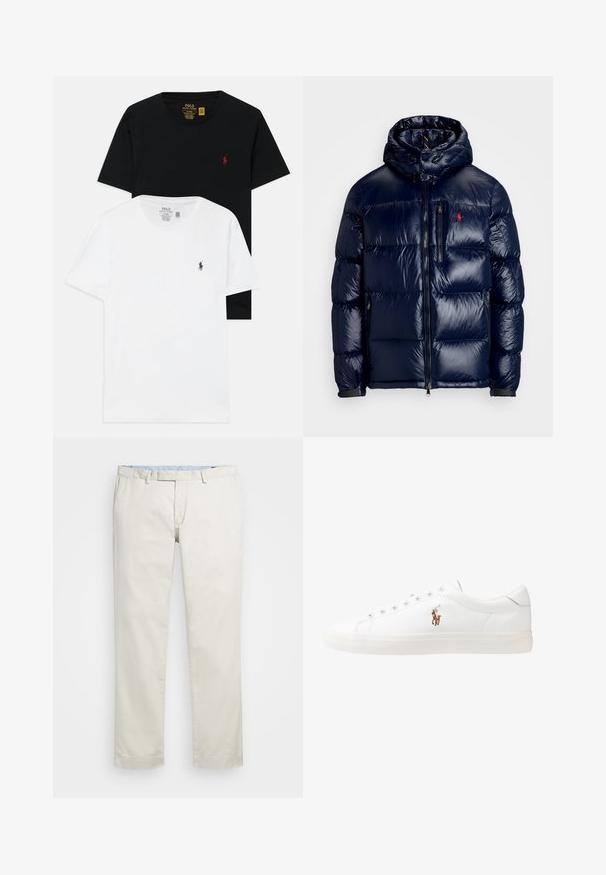 Ναυτικό μπλε φούτερ μπουφάν με γυαλιστερή επιφάνεια, διαθέτει κουκούλα, φερμουάρ μπροστά και μικρό λογότυπο στο αριστερό στήθος. Σατέν ραφή.; Δύο μπλούζες με στρογγυλή λαιμόκοψη: μία μαύρη και μία λευκή, και οι δύο από βαμβάκι, διαθέτουν μικρά κεντημένα λογότυπα στο στήθος σε αντίθετες αποχρώσεις.; Μπεζ βαμβακερές chinos με επίπεδο μπροστινό μέρος, θηλιές ζώνης και πλάγιες τσέπες. Σχεδίαση ίσιων ποδιών με μαλακή υφή και ελαφριά, αναπνεύσιμη αίσθηση.; Λευκά δερμάτινα sneakers, χαμηλού σχεδιασμού, με απαλή υφή, στρογγυλή μύτη, δέσιμο μπροστά και μικρό κεντημένο λογότυπο στο πλάι.