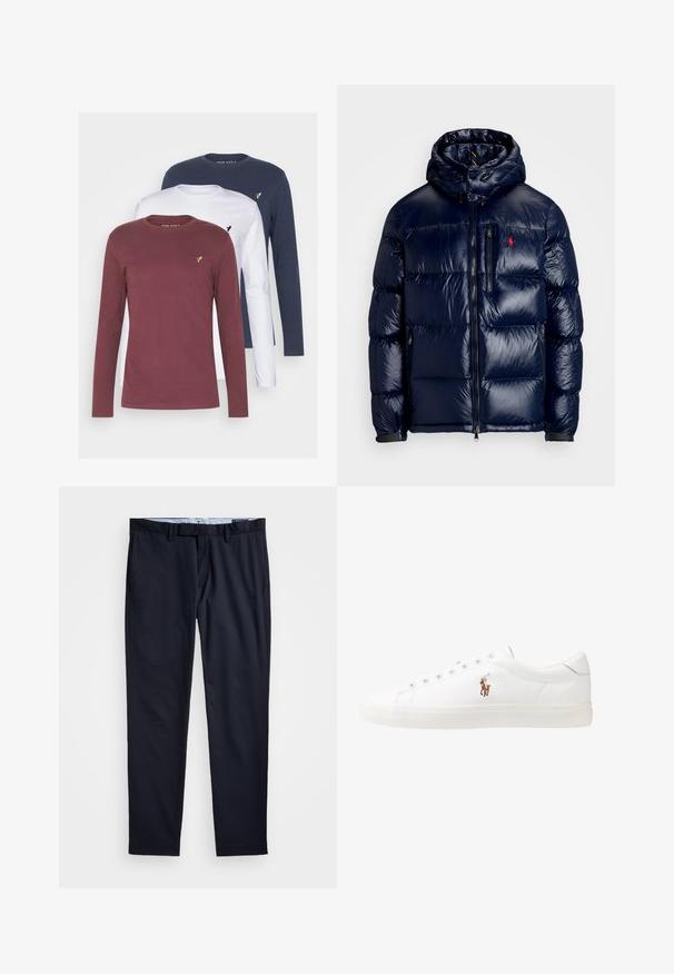 Temno modra puhovka s sijočo površino, opremljena s kapuco, z zadrgo spredaj in majhnim logotipom na levem prsnem delu. Ima strukturirano prešito zasnovo.; Tri dolgimi rokavi T-majice v maroonski, beli in mornarsko modri barvi. Vsaka ima okroglo ovratnico in majhen izvezen logo na prsih.; Mornarsko modri hlače iz gladkega blaga, z ravnim krojem, zankami za pas in zadrgo s sponko.; Bela usnjena teniski čevlji, nizki model, z gladko teksturo, okrogle konice, vezavi spredaj ter majhnim vezenim logotipom na strani.
