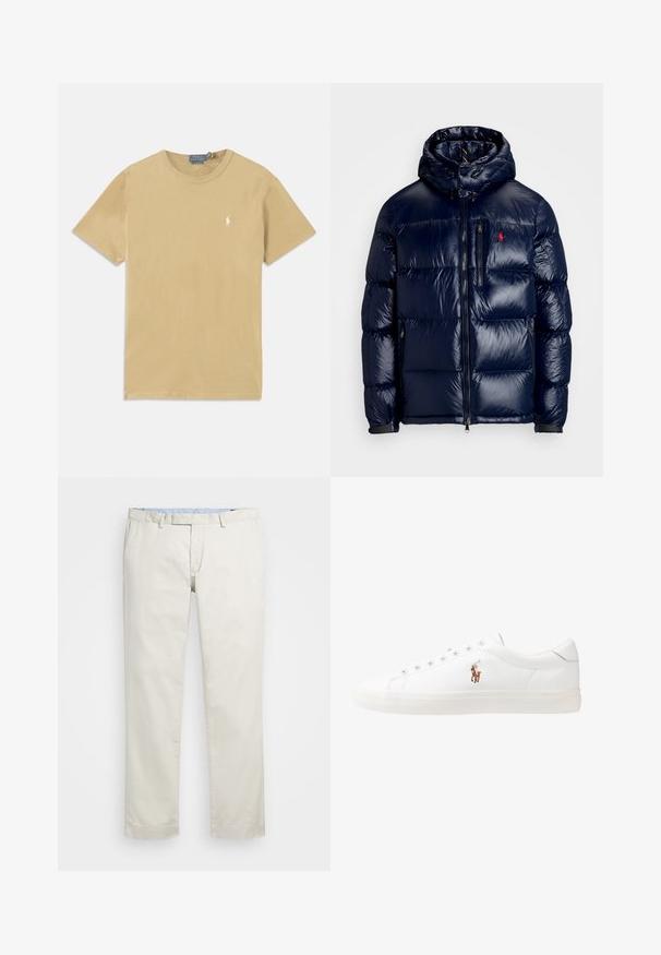 Tumši zils pūkainais jaka ar spīdīgu apdari, ar kapuci, ar rāvējslēdzēja priekšpusi un mazu logo kreisajā krūtī. Tekstūrēta izšūšanas dizains.; Bežs kokvilnas T-krekls ar apaļu kakla un īsām piedurknēm. Tam ir neliels balts logo uz krūtīm un vienkārša tekstūra.; Bežīgas kokvilnas chinos bikses ar gludu priekšpusi, jostas cilpām un sānu kabatām. Taisnas kājas dizains ar gludu tekstūru un vieglu, elpojošu sajūtu.; Baltas ādas sporta apavi, zema dizaina, ar gludu tekstūru, noapaļotu purngalu, ar auklēm priekšpusē un nelielu izšūtu logotipu sānos.