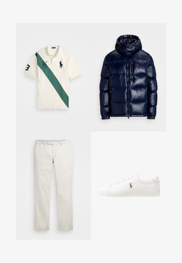 Tumesinine pahtli jakk, millel on läikiv viimistlus, kapuuts, lukuga esikülg ja väike logo vasakul rinnal. Tekstuuriga ääristatud õmblusdisain.; Kreem värvi polo särk, millel on diagonaalne roheline riba, navy värvi broderi polo mängija, "P" logo ja number "3" varrukal.; Beeži puuvillased chinosid, millel on lame eesosa, vöökohataod ja küljetaskud. Sirge jalgade disain sujuva tekstuuriga ja kerge, hingava tunnetusega.; Valged nahast tossud, madala ülaservaga disain, millel on sile tekstuur, ümar varvas, nööridega esiosa ja väike tikand logoga küljel.