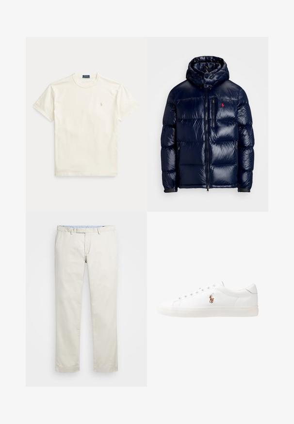 Temno modra puhovka s sijočo površino, opremljena s kapuco, z zadrgo spredaj in majhnim logotipom na levem prsnem delu. Ima strukturirano prešito zasnovo.; Bombažna majica krem barve s kratkimi rokavi. Na levi strani prsnega koša ima diskreten vezen logotip in okrogel izrez na vratu.; Bežna bombažna chinosa z ravnim sprednjim delom, zankami za pas in stranskimi žepi. Dizajn z ravnimi nogavicami z gladko teksturo in lahkotnim, zračnim občutkom.; Bela usnjena teniski čevlji, nizki model, z gladko teksturo, okrogle konice, vezavi spredaj ter majhnim vezenim logotipom na strani.