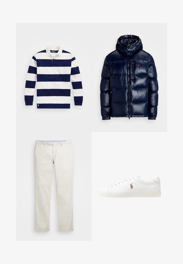 Casaco puffer azul-marinho com um acabamento brilhante, apresentando um capuz, fecho frontal com zíper e um pequeno logotipo no lado esquerdo do peito. Design acolchoado texturizado.; Camisa polo de manga longa em riscas azul-marinho e branca, com colarinho clássico, placket com três botões e logótipo bordado na bainha.; Chinos de algodão bege com frente plana, passantes para cinto e bolsos laterais. Design de perna reta com uma textura suave e uma sensação leve e respirável.; Sapatilhas de couro brancas, design de cano baixo, com textura suave, biqueira redonda, atacadores à frente e um pequeno logótipo bordado na lateral.