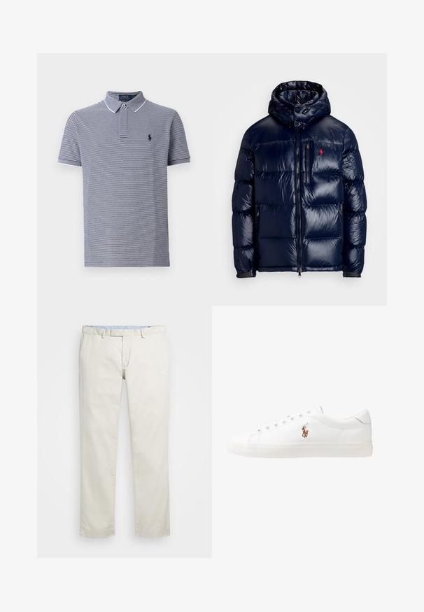 Granatowa kurtka puchowa o błyszczącym wykończeniu, z kapturem, zamkiem błyskawicznym z przodu oraz małym logo na lewej piersi. Teksturowany pikowany wzór.; Niebiesko-biała w paski koszulka polo z krótkim rękawem, kołnierzykiem i małym logo na piersi. Bawełnowy materiał o gładkiej fakturze.; Beżowe bawełniane chinosy z płaskim przodem, szlufkami na pasek i bocznymi kieszeniami. Prosty krój z gładką fakturą i lekkim, przewiewnym uczuciem.; Białe skórzane sneakersy, niskoprofilowy design, charakteryzujące się gładką fakturą, okrągłym noskiem, sznurowanym przodem i małym haftowanym logo z boku.