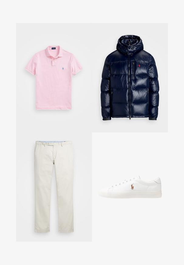 Granatowa kurtka puchowa o błyszczącym wykończeniu, z kapturem, zamkiem błyskawicznym z przodu oraz małym logo na lewej piersi. Teksturowany pikowany wzór.; Jasnoróżowa koszulka polo wykonana z bawełny, z dwiema guzikami, krótkimi rękawami oraz małym, niebieskim haftowanym logo na klatce piersiowej.; Beżowe bawełniane chinosy z płaskim przodem, szlufkami na pasek i bocznymi kieszeniami. Prosty krój z gładką fakturą i lekkim, przewiewnym uczuciem.; Białe skórzane sneakersy, niskoprofilowy design, charakteryzujące się gładką fakturą, okrągłym noskiem, sznurowanym przodem i małym haftowanym logo z boku.
