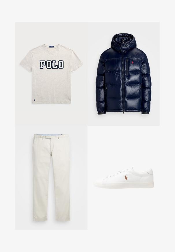 Námornícka modrá prešívaná bunda s lesklým povrchom, s kapucňou, zipsom vpredu a malým logom na ľavej hrudi. Textúrovaný prešívaný dizajn.; Polo Ralph Lauren CLASSIC FIT LOGO - Tričko s potlačou - light grey; Béžové bavlnené chinos nohavice s plochým predným dielom, pútka na opasok a bočnými vreckami. Rovný strih s hladkou textúrou a ľahkým, priedušným pocitom.; Biele kožené tenisky s nízkym strihom, s hladkou textúrou, okrúlym špičkou, šnurovaním vpredu a malým vyšitým logom na boku.